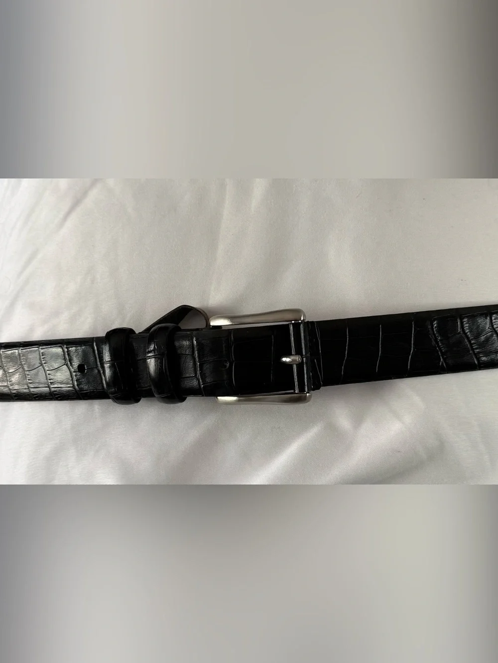 Men's Black Croc-Embossed Genuine Italian Leather Belt with Silver Buckle 44
